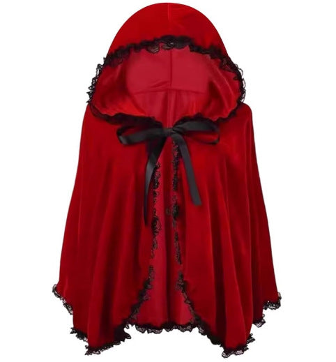 Kids Hooded Cape with Lace Trim, Little Red Riding Hood Costume Cloak for Christmas Role Play