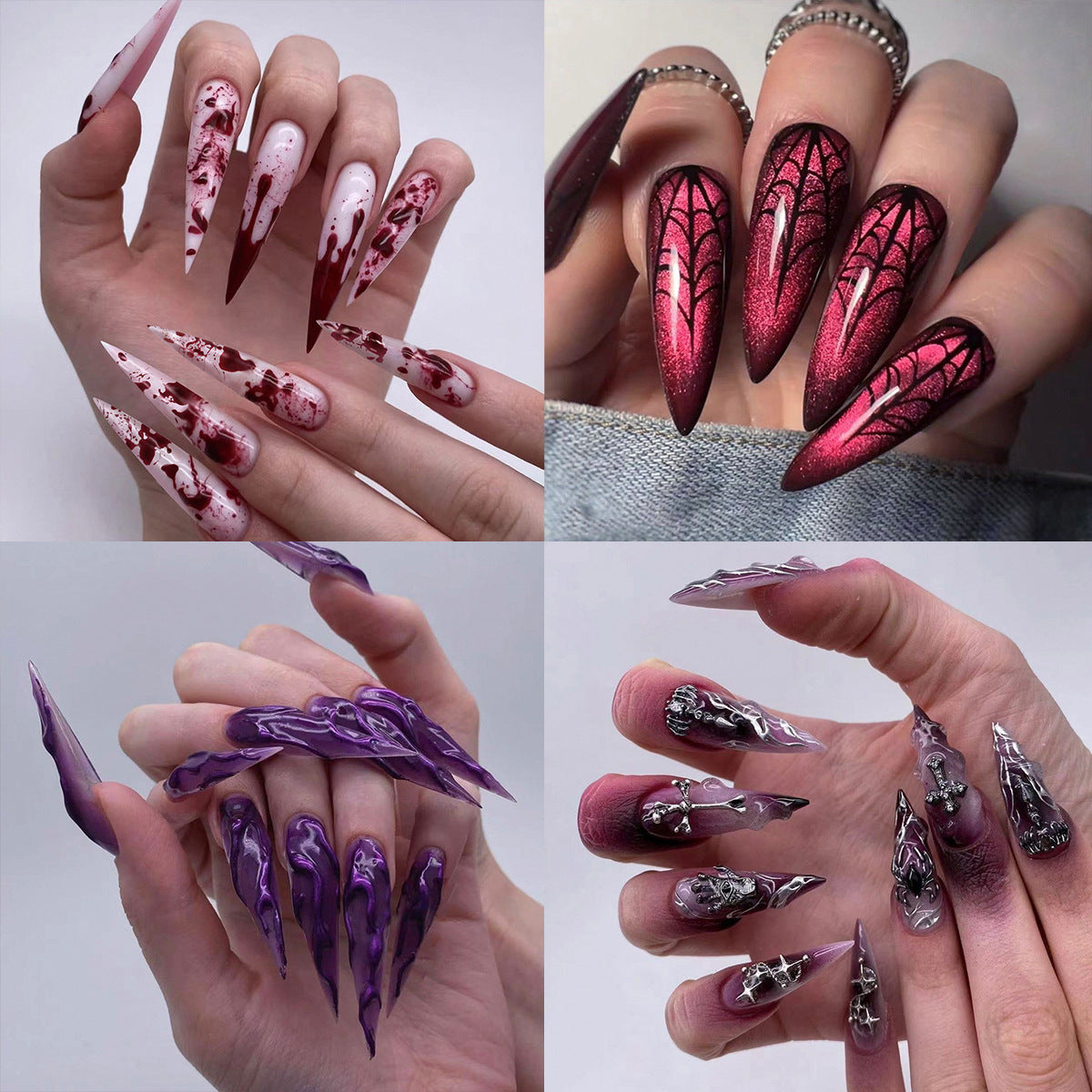 Halloween 3D Press On Nails, Spider Bat Long Blood Drip False Nails For Spooky Party Look