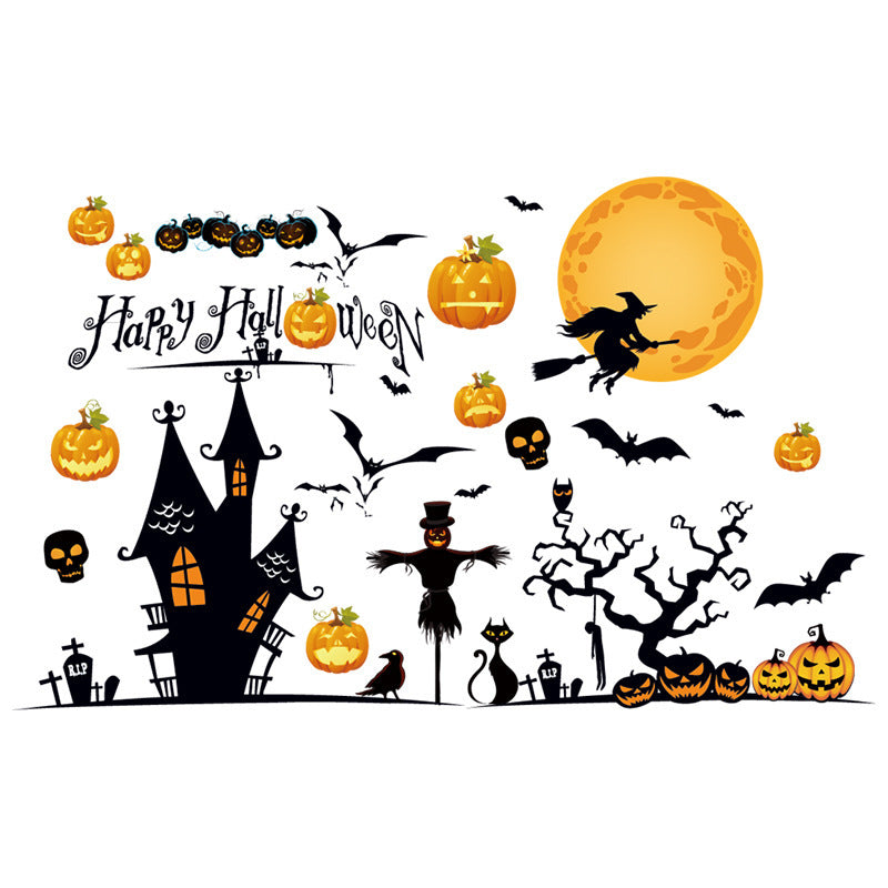 Halloween Pumpkin Head Witch Static Cling Wall Stickers, Removable Glass Decals For Storefront Windows