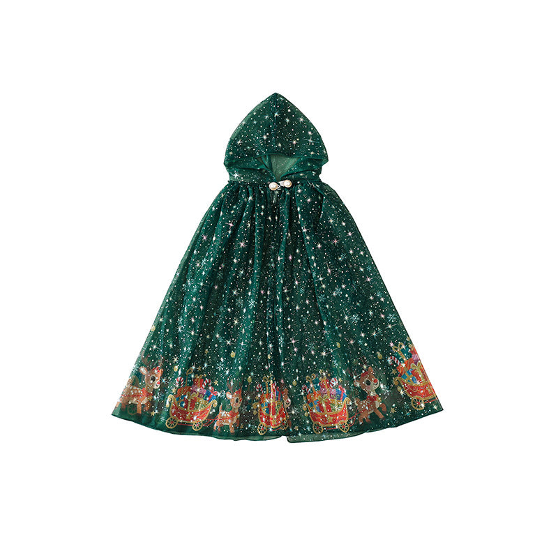 Kids Christmas Hooded Green Cape, Holiday Print Cloak For Children's Festive Costume Dress Up