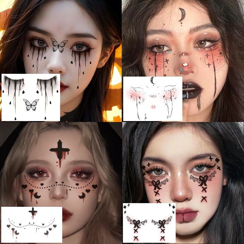 Halloween Face Tattoos Set, Nun Devil Scar Clown Cute Pumpkin Temporary Stickers