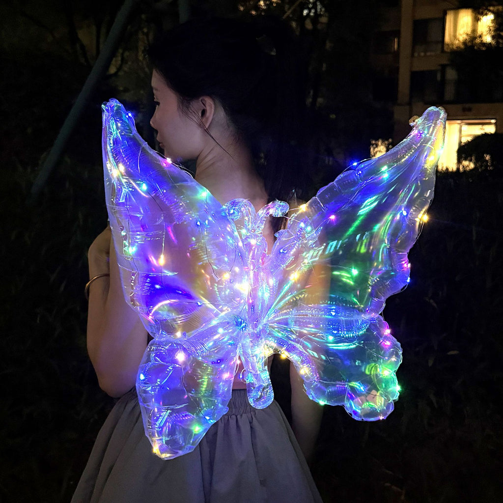 Glowing Butterfly Wing Balloon Kids Back Accessory Light Up Transparent Colorful Party Gift