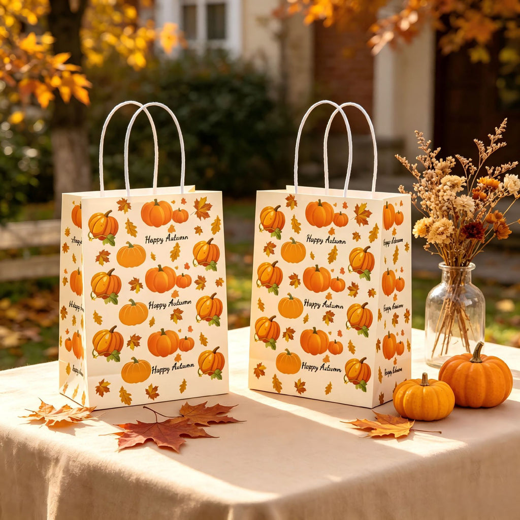 Thanksgiving Kraft Paper Gift Bags Maple Leaf Pumpkin Print Party Favor Tote Bags