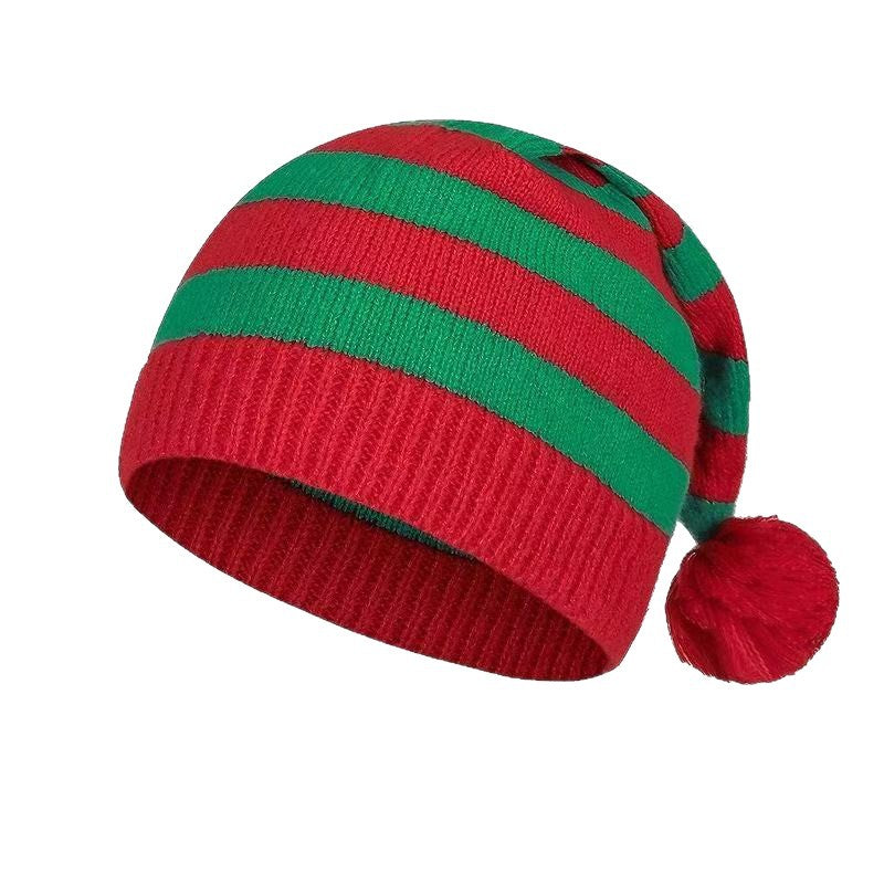 Knitted Christmas Hat Red Green Striped Pom Pom Long Tail Santa Hat Winter Gift