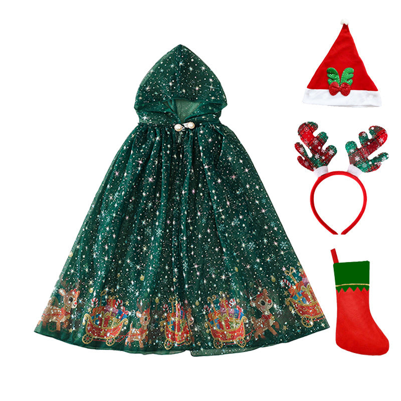 Kids Christmas Hooded Green Cape, Holiday Print Cloak For Children's Festive Costume Dress Up