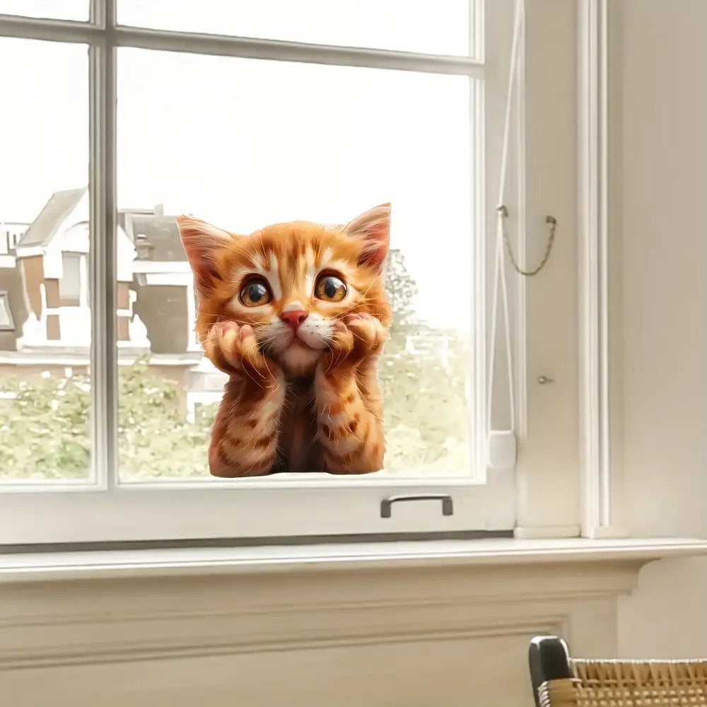 Cute Tabby Cat Static Cling Window Sticker, Removable PVC Glass Decal For Christmas Storefront Decor