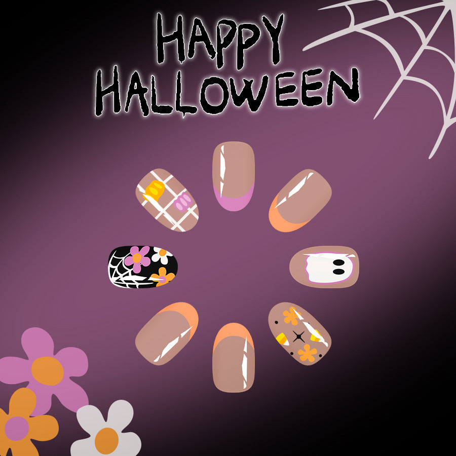Halloween French Press On Nails Short Oval Ghost Bat Pumpkin Plaid Flower 24 Pcs Set