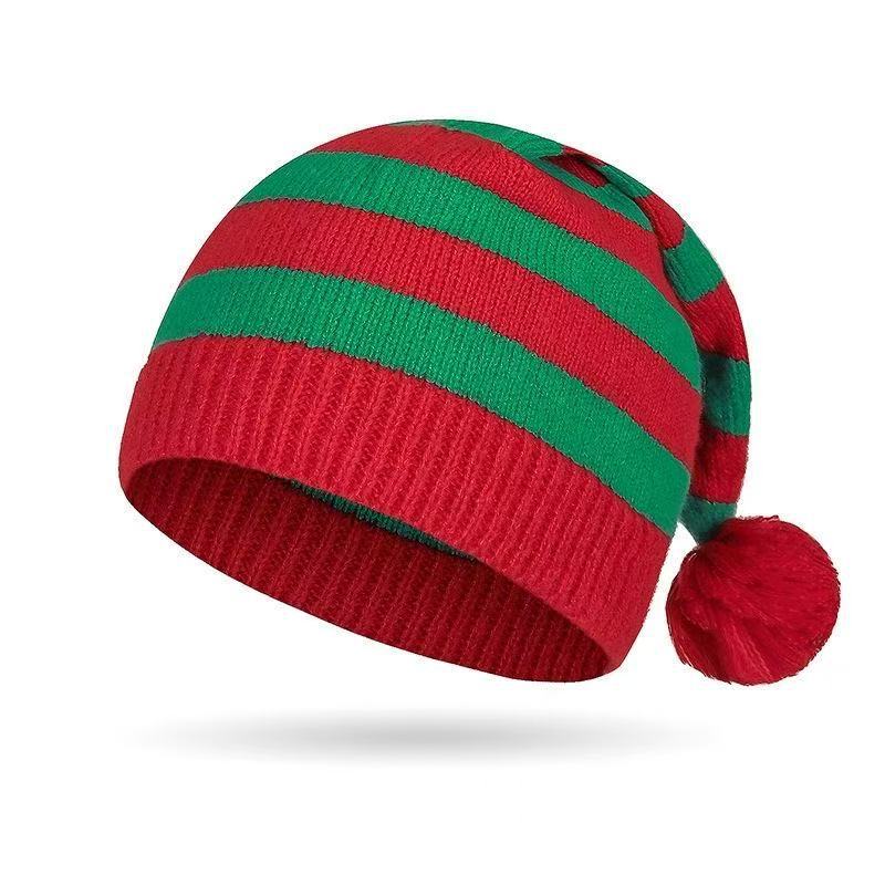 Knitted Christmas Hat Red Green Striped Pom Pom Long Tail Santa Hat Winter Gift