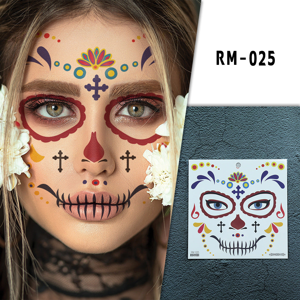 Halloween Day Of The Dead Flower Face Tattoo Stickers, Sugar Skull Party Makeup Face Decals