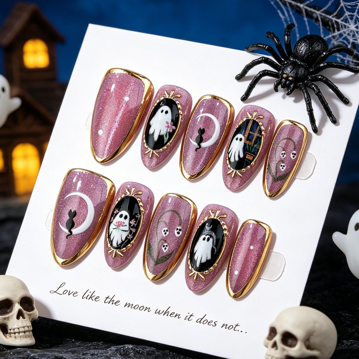 Halloween Purple Cat Eye Press On Nails, Ghost Sparkle Glitter False Nails