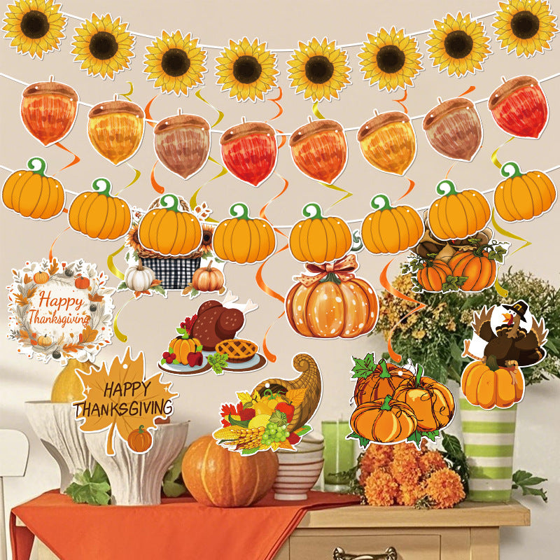 Thanksgiving Fall Pumpkin Maple Leaf Bunting Banner Party Decorations Hanging Flag Set
