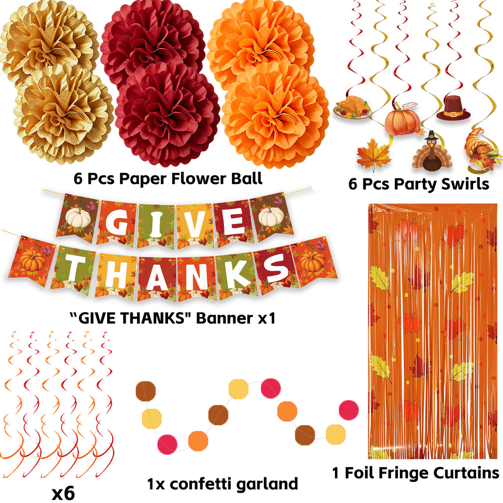 Thanksgiving Party Banner Turkey Pumpkin Maple Leaf Sunflower Swirl Foil Curtain Decorations