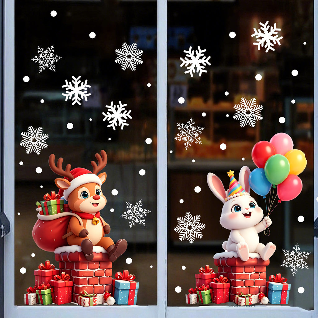 Cartoon Christmas Pet Static Glass Stickers, Reindeer Balloon Window Decals For Home Floor To Ceiling Windows