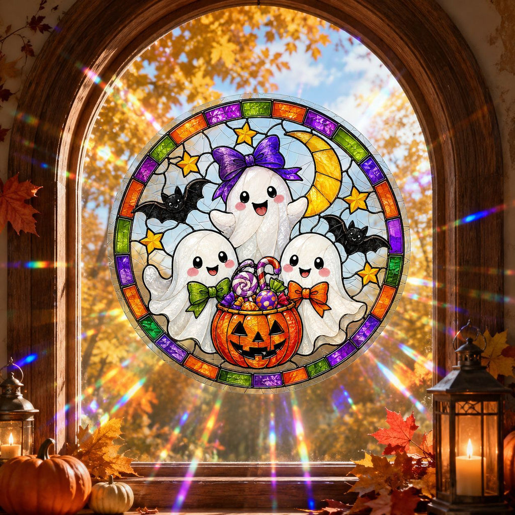 Halloween Pumpkin Ghost Window Clings, Iridescent Holographic Glass Stickers