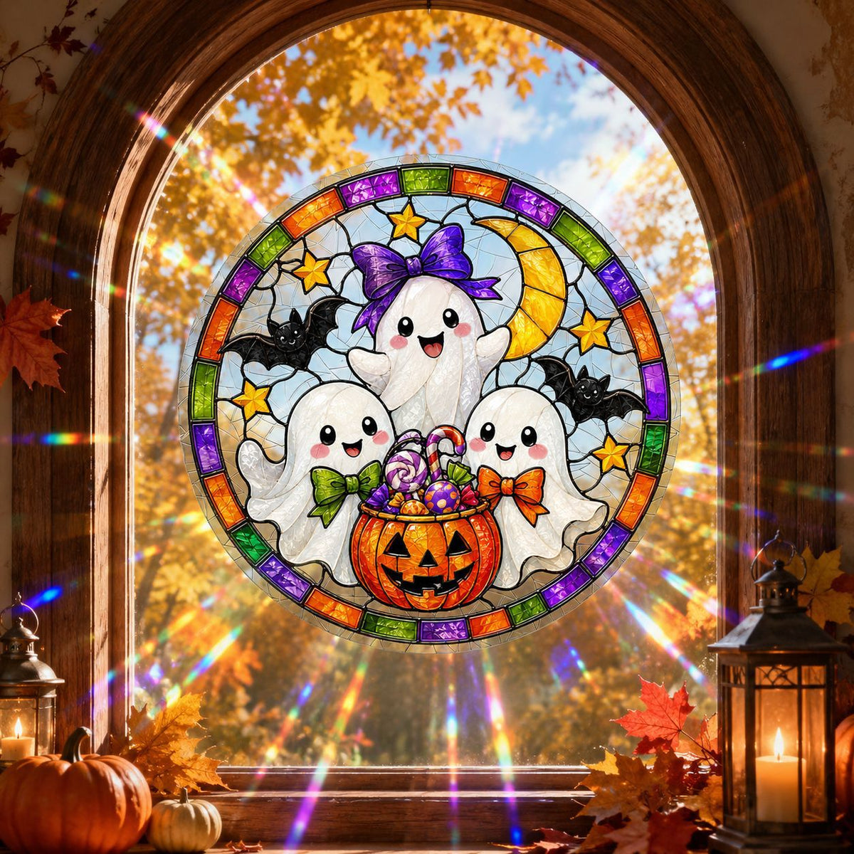 Halloween Pumpkin Ghost Window Clings, Iridescent Holographic Glass Stickers