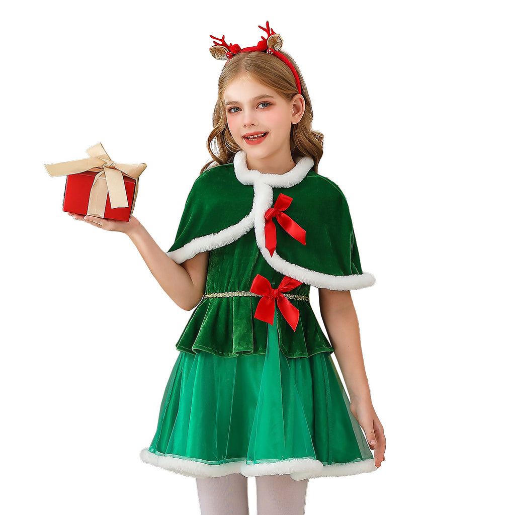 Kids Santa Claus Cape Dress, Christmas Tree Girls Party Costume Dress with Cape