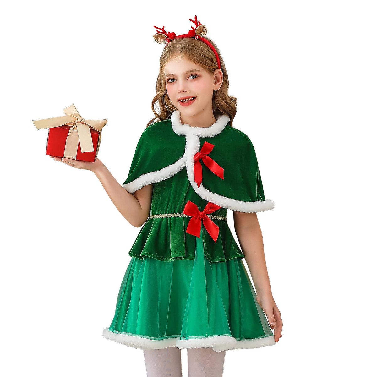 Kids Santa Claus Cape Dress, Christmas Tree Girls Party Costume Dress with Cape