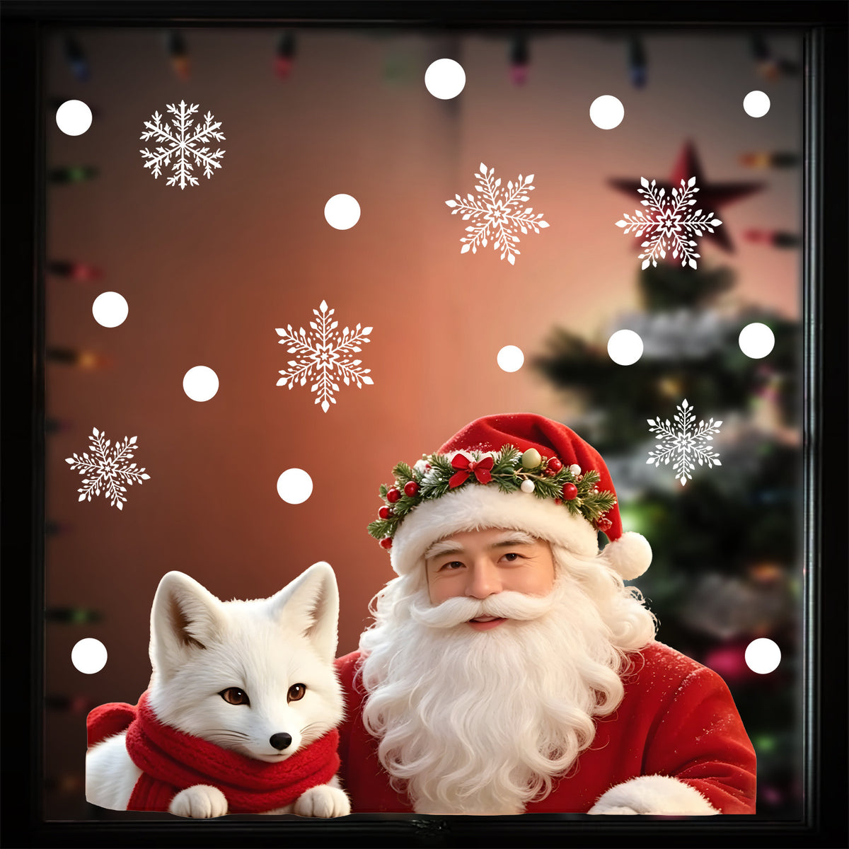Christmas Window Cling Santa White Fox Realistic Style Static Glass Sticker Cozy Home Decor