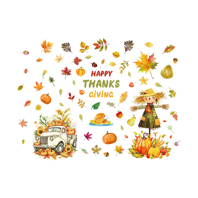Thanksgiving Harvest Window Stickers, Maple Leaf Turkey Pumpkin Scarecrow Removable Static Cling