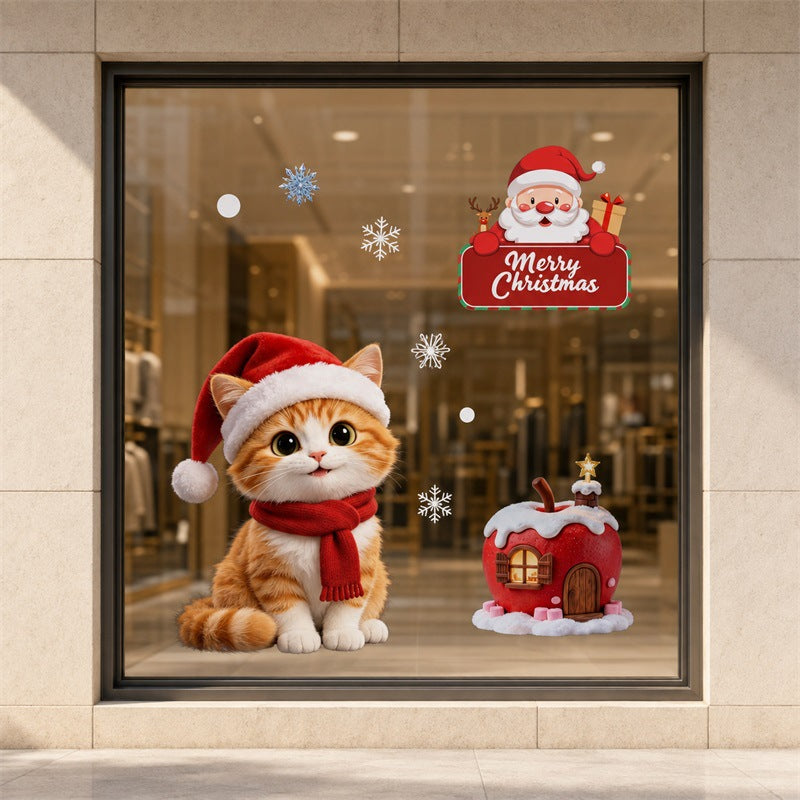 Cute Christmas Cat Static Glass Sticker, No Glue Holiday Window Decal For Pet Lovers
