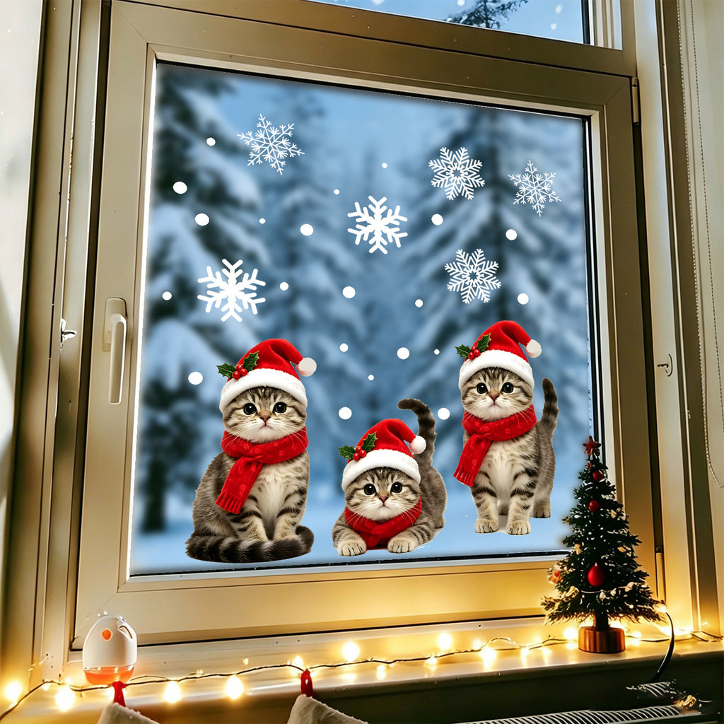 Winter Christmas Cozy Static Glass Stickers, Squirrel And Kitten Window Decals For Bedroom Balcony Windows