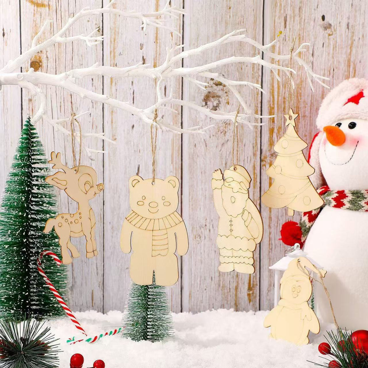 Wooden Snowman Christmas Ornaments, Rustic DIY Hanging Wood Slice Decorations for Party