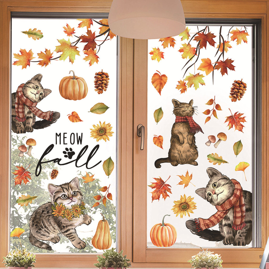 Fall Theme Maple Leaf Cat Pumpkin Window Clings, Static Home Decor Stickers