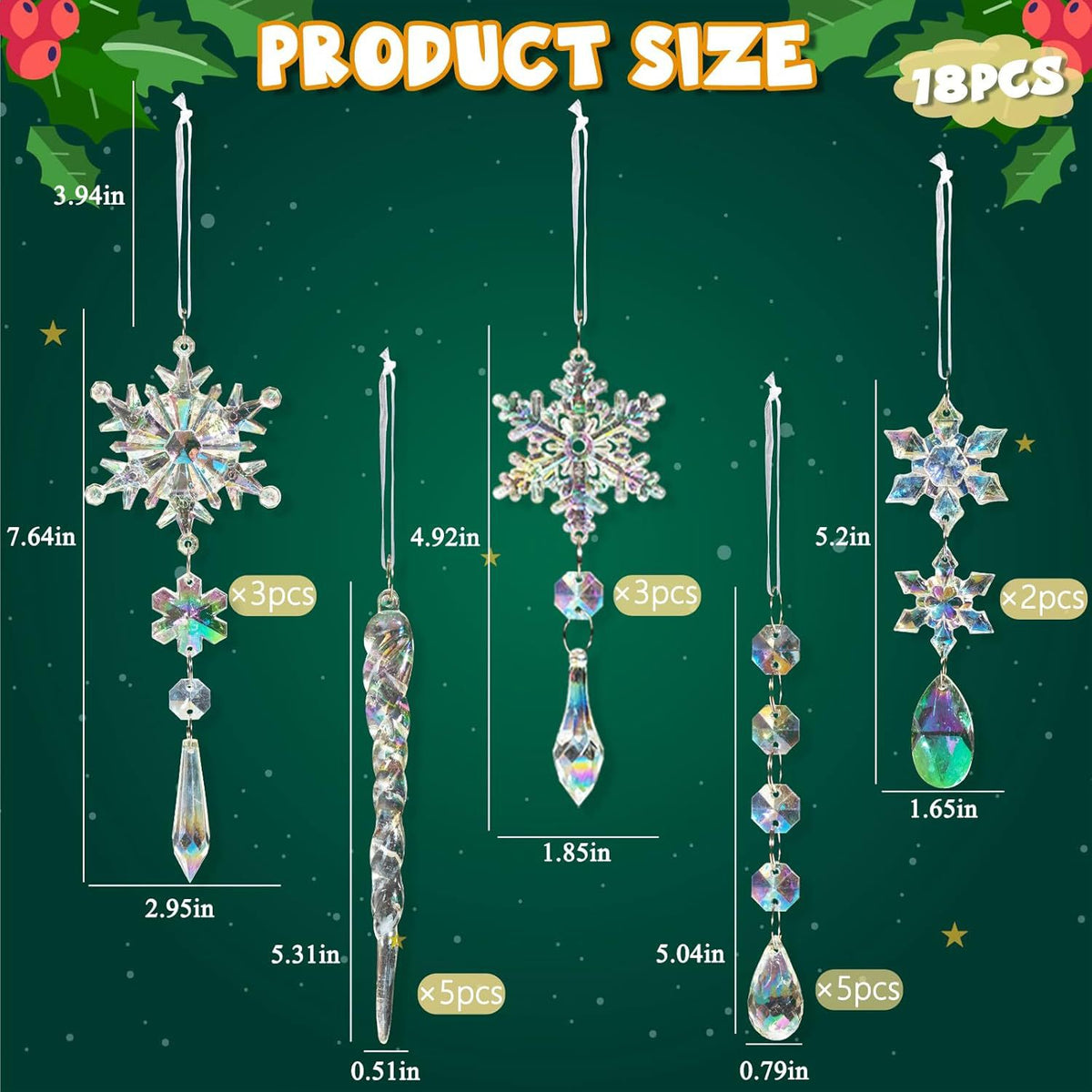 18 Pack Acrylic Christmas Tree Ornaments Set, Snowflake and Icicle Hanging Decorations