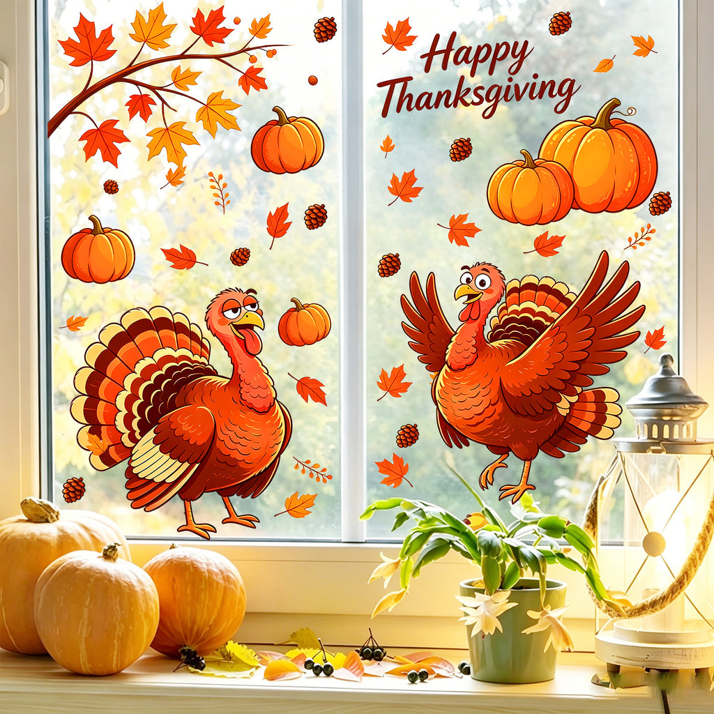 Thanksgiving Cartoon Turkey Window Clings Static Cling Sticker Set Living Room Glass Decorations