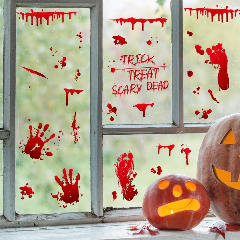 Halloween Blood Handprint Footprint Static Cling Wall Stickers, Horror Glass Window Decals