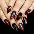 Medium Shiny Almond Halloween Press On Nails 24 Pcs, Dark Wine Red Cat Eye Spider Web Rhinestone Design