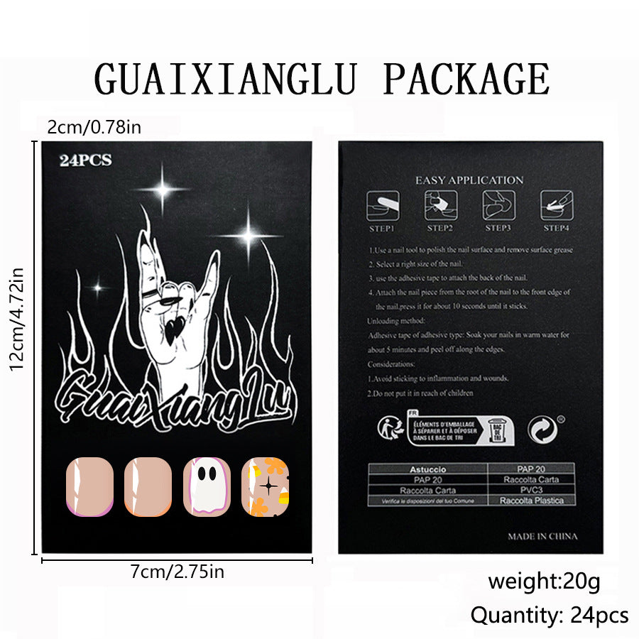 Halloween French Press On Nails Short Oval Ghost Bat Pumpkin Plaid Flower 24 Pcs Set