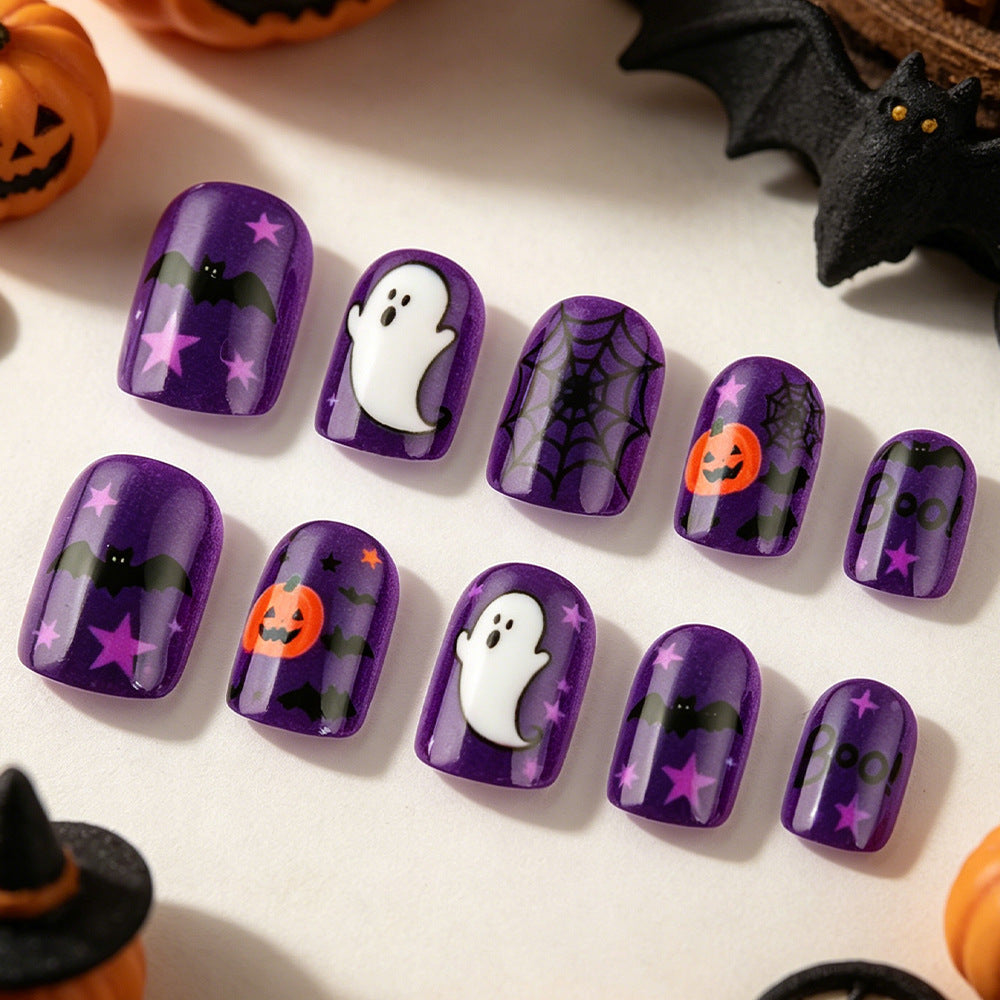 Halloween Press On Nails 24 Pcs, Ghost Spider Web Pumpkin Pattern Sweet Cool False Nails