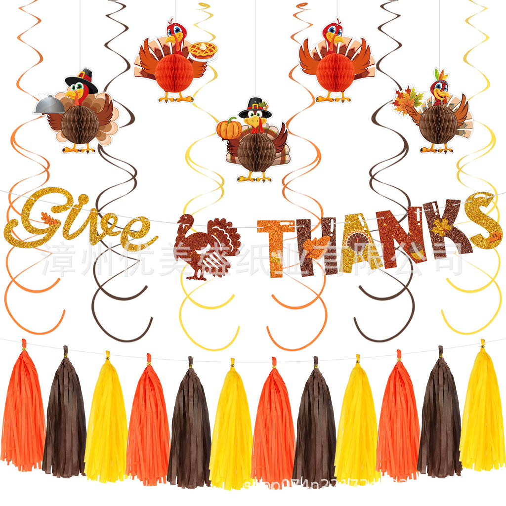 Thanksgiving Party Decoration Kit Banner Bunting Balloons Turkey Honeycomb Tabletop Decor Set