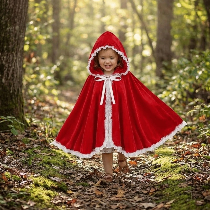 Kids Hooded Cape with Lace Trim, Little Red Riding Hood Costume Cloak for Christmas Role Play