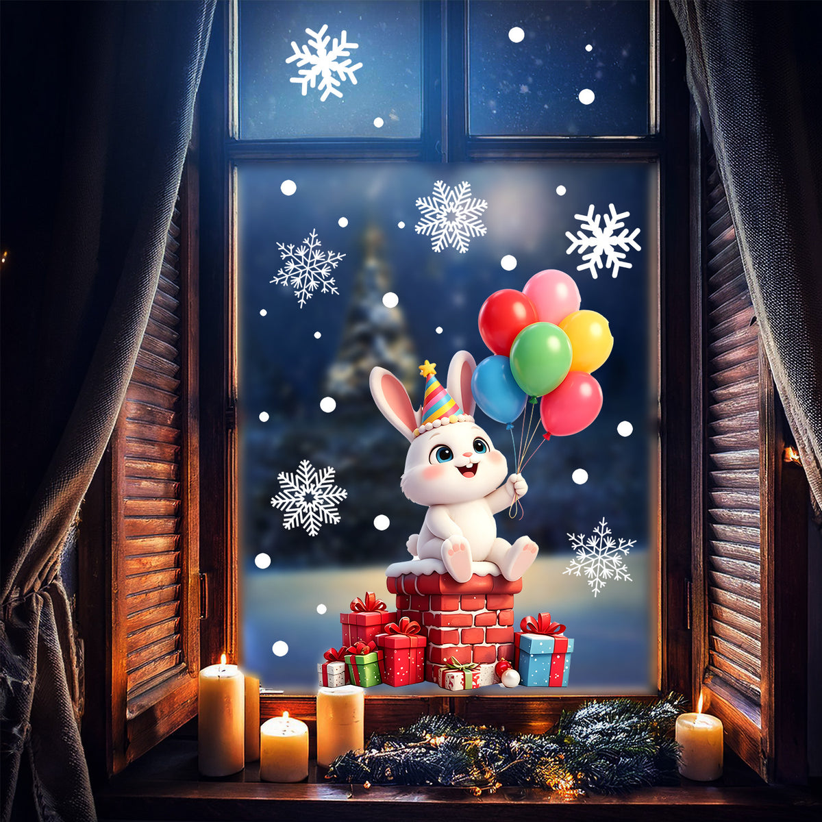 Cartoon Christmas Pet Static Glass Stickers, Reindeer Balloon Window Decals For Home Floor To Ceiling Windows