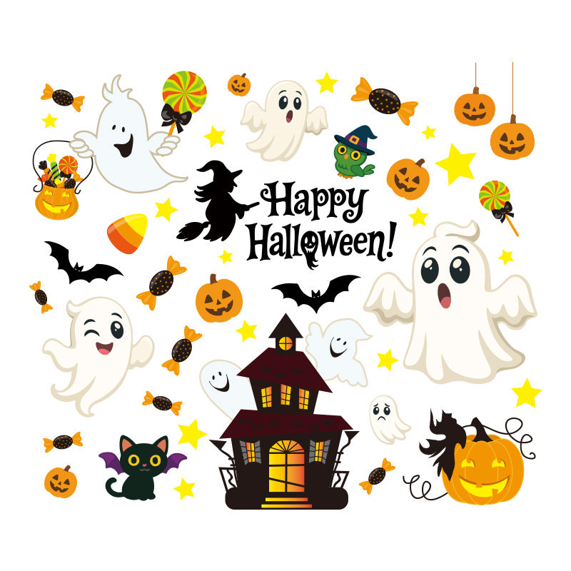 Cute Halloween Ghost Static Window Stickers, Pumpkin Witch Candy Black Cat Glass Decals For Haunted House Decor