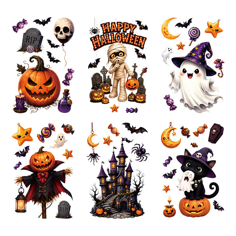 Halloween Static Window Stickers, Pumpkin Ghost Mummy Vampire Cartoon Glass Decals For Storefront Decor