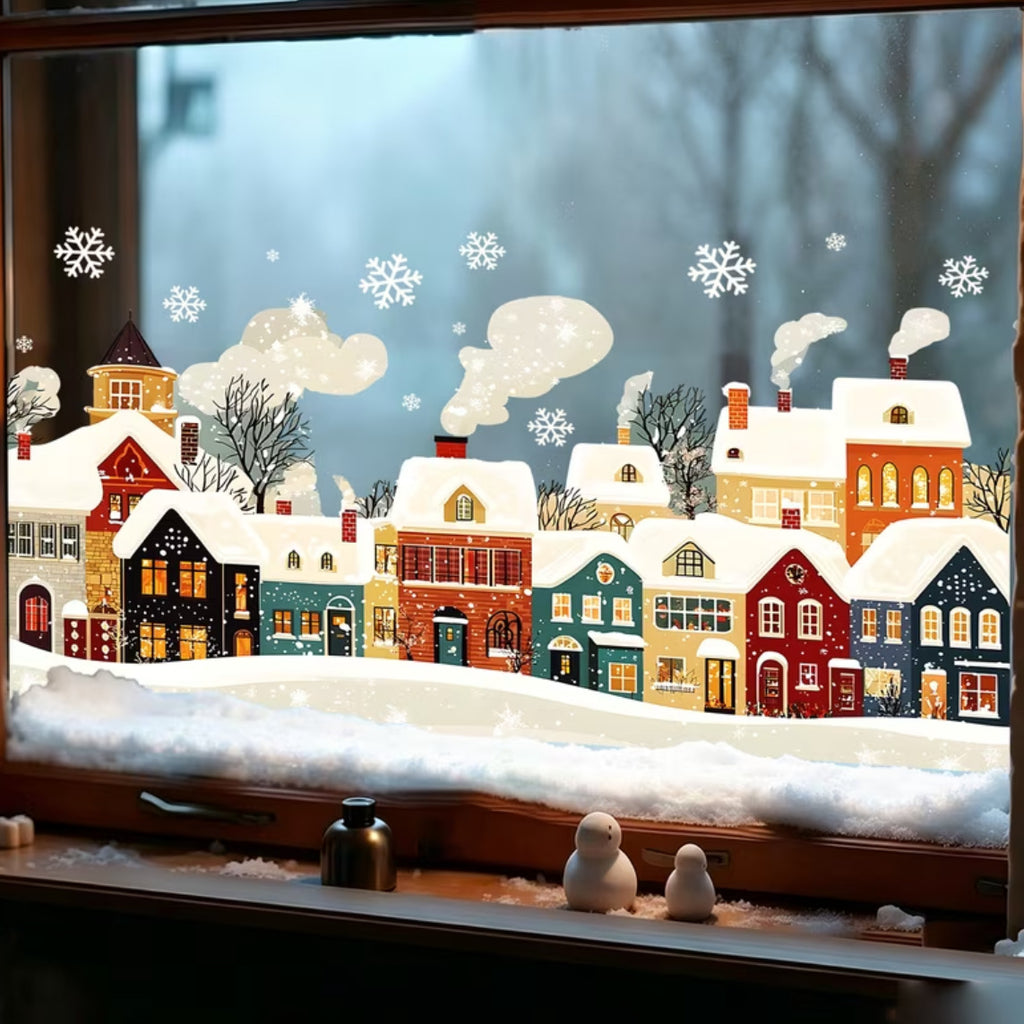 Christmas Village Snow Scene Window Stickers, European Town Static Cling for Home Storefront Glass