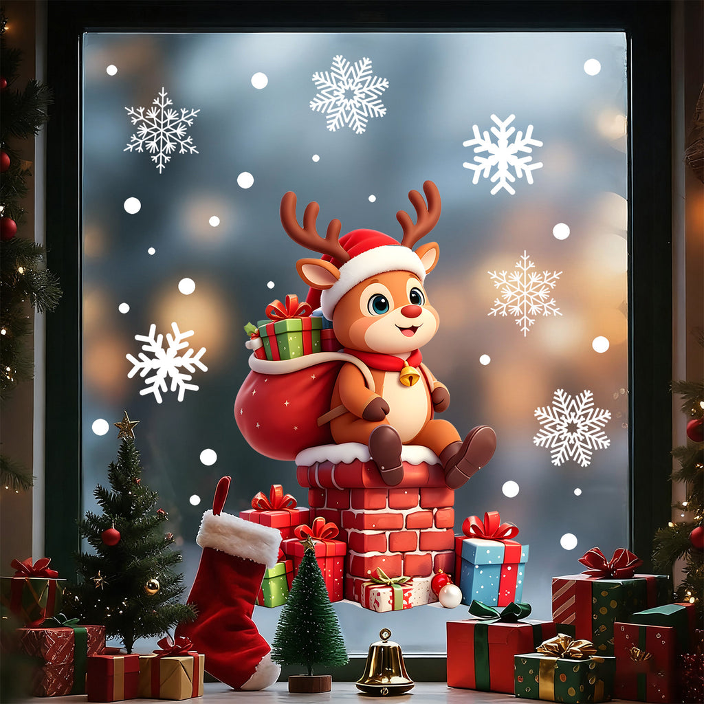 Cartoon Christmas Pet Static Glass Stickers, Reindeer Balloon Window Decals For Home Floor To Ceiling Windows