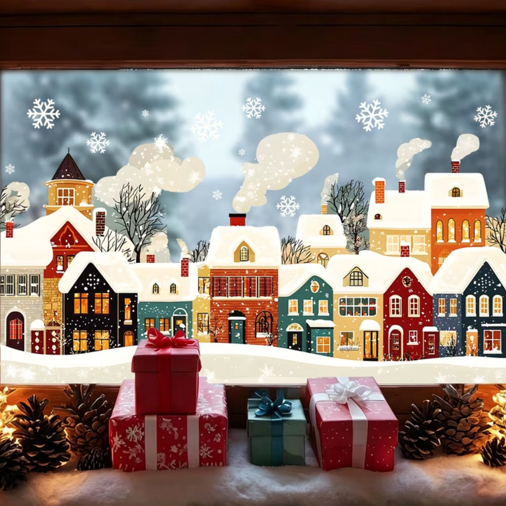 Christmas Village Snow Scene Window Stickers, European Town Static Cling for Home Storefront Glass