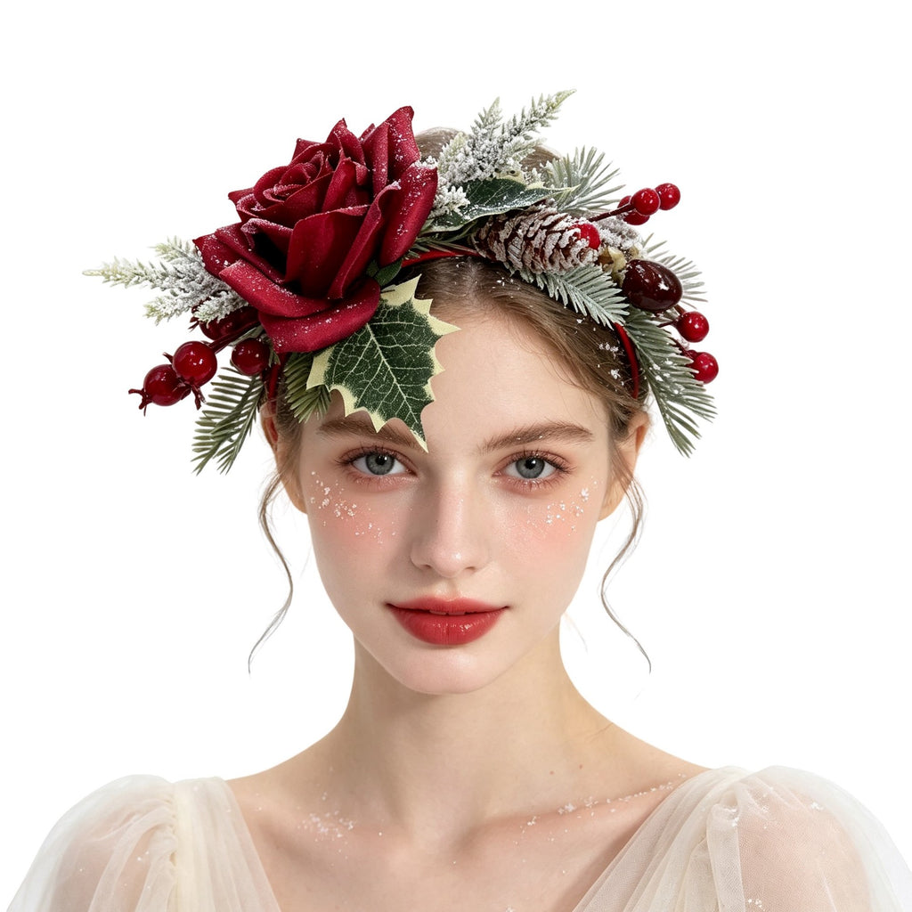 Christmas Rose Berry Headband, Faux Flower Hair Hoop for Girls Party Photo Accessories