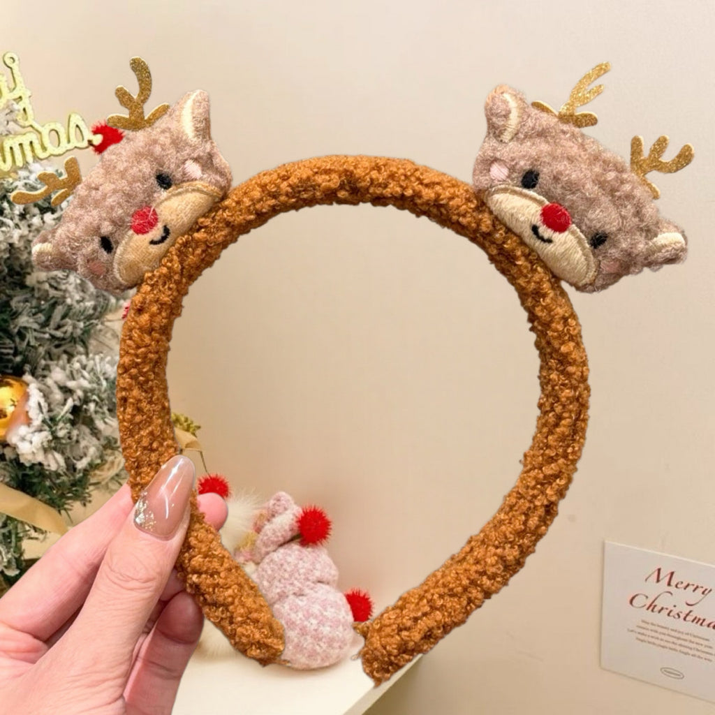 Plush Santa Reindeer Headband for Girls, Cute Christmas Hair Accessory Kids Holiday Costume