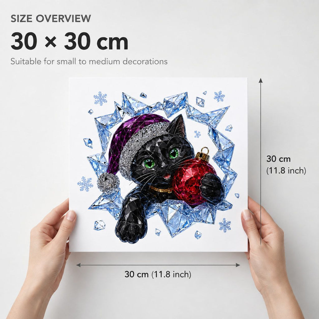 Diamond Facet Black Cat Christmas Window Sticker, Santa Hat Red Ball Adhesive Free Glass Decor