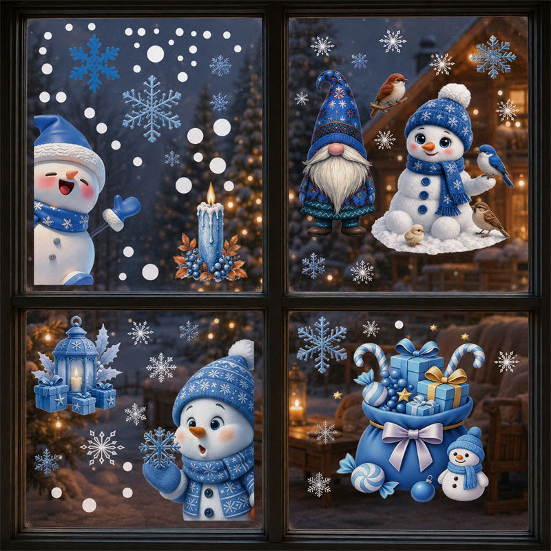 Blue Santa Snowman Window Clings Christmas Glass Stickers Snowflake Tree Static Decor