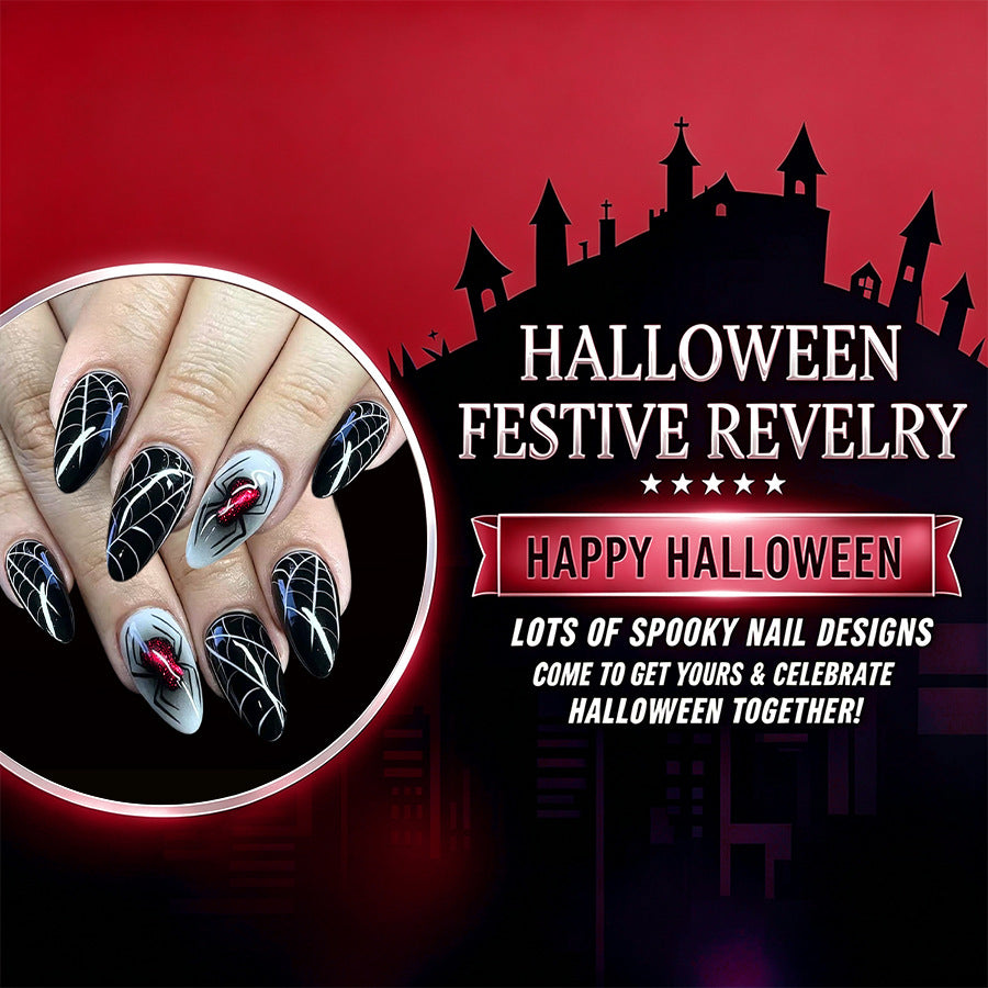 Medium Shiny Almond Halloween Press On Nails 24 Pcs, Sweet Cool Dark Spider Web Glitter Design