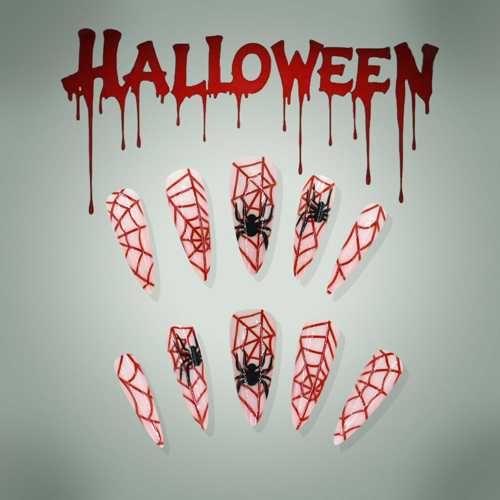 Halloween Long Stiletto Press On Nails, Blood Red Spider Web And Spider False Nails For Spooky Style