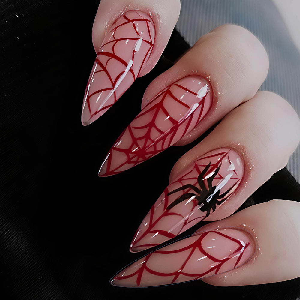 Halloween Long Stiletto Press On Nails, Blood Red Spider Web And Spider False Nails For Spooky Style
