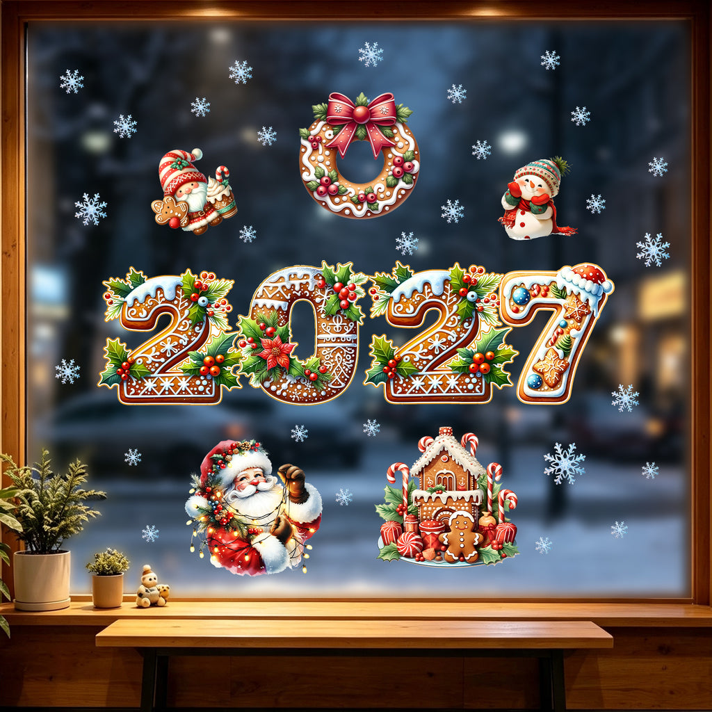 Gingerbread Christmas Static Window Clings, Holiday Glass Decorations for Living Room