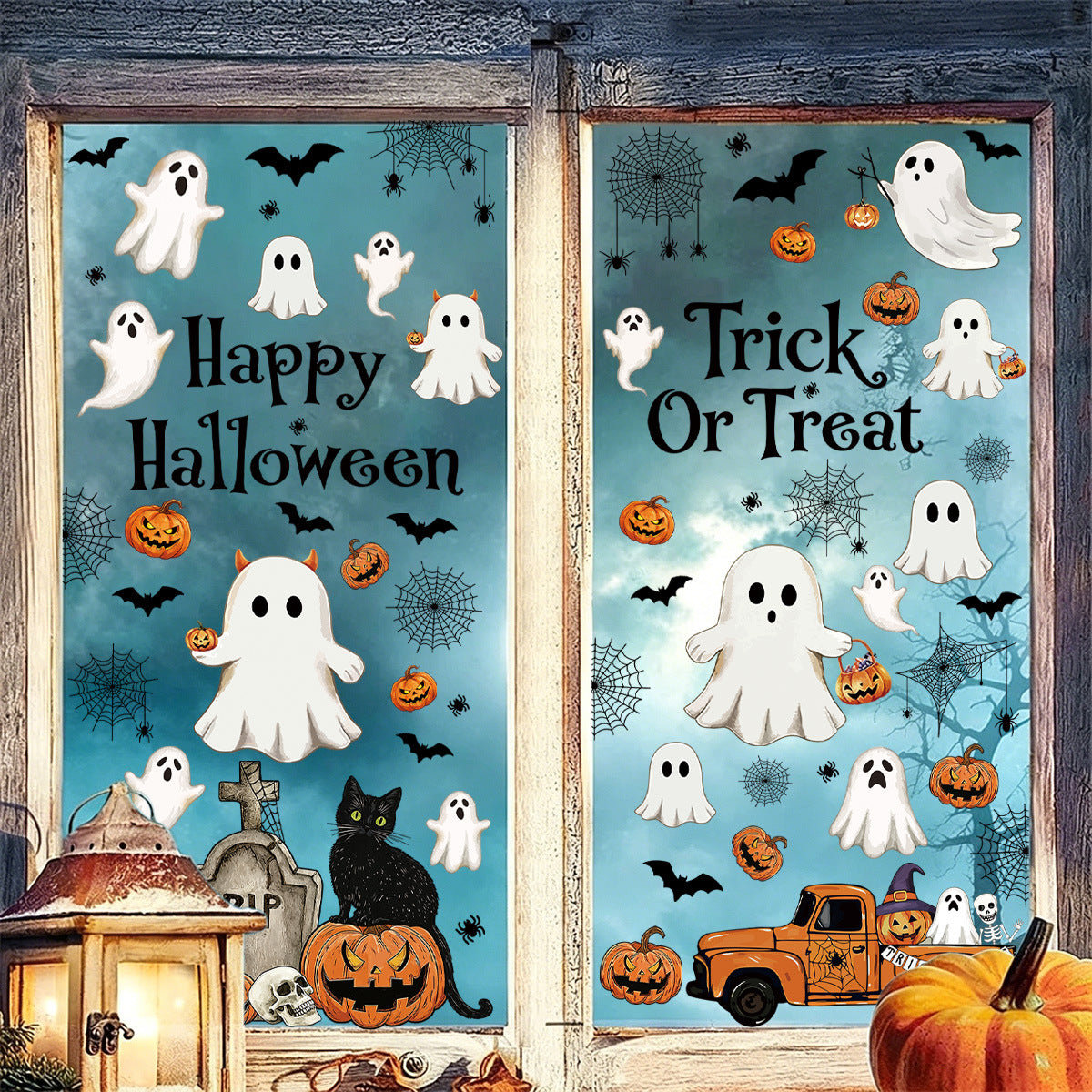 Halloween Cute Cartoon Window Clings, Ghost Pumpkin Bat Black Cat PVC Glass Stickers